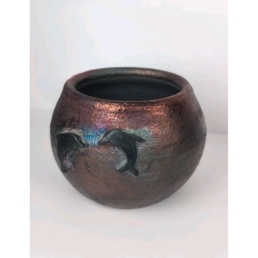 Raku Pottery Iridescent Vase W/ Dolphins, Artist Signed CAM  2.5